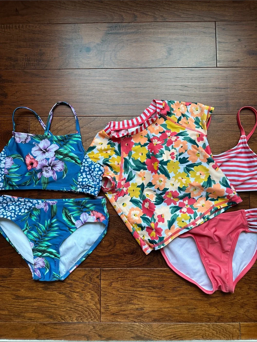 art class Girls Floral Blue Tropical and Coral Stripe Swim Set